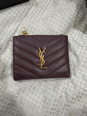 Saint Laurent Quilted Card Case Wallet in Deep Plum with Gold Hardware